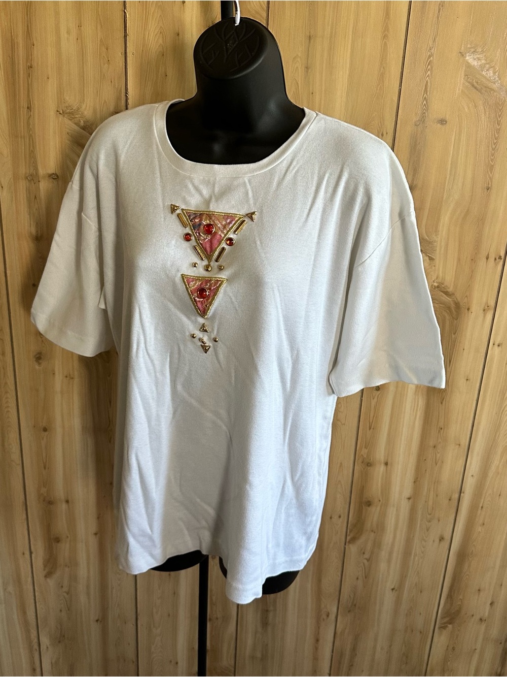 White Embellished Women's Top with fiery Orange Triangle Accents, Rhinestone